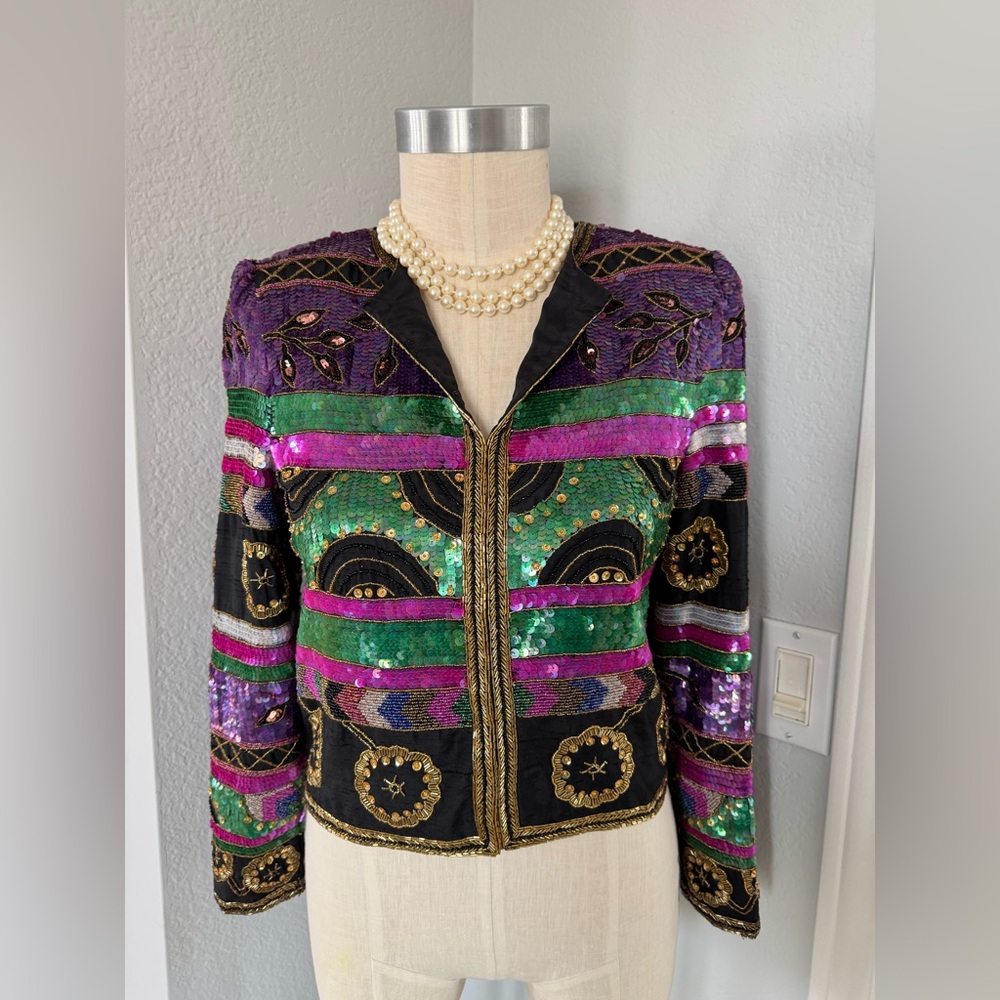 100% Silk Heavily Beaded Sequin Leslie Faye Bolero Small - Picture 2 of 11